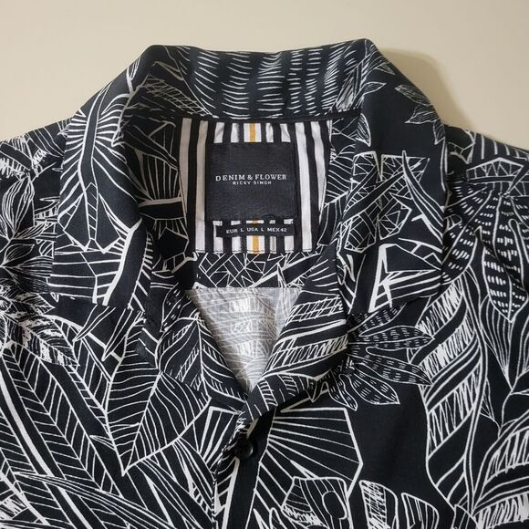 Denim & Flower Black and White Men's Rayon Casual Button Down Short Sleeve Shirt - Picture 7 of 15